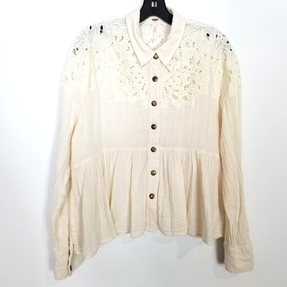Free People Lace Peplum Snap Front Light Top Women Sz M Ivory Boho Asymmetrical